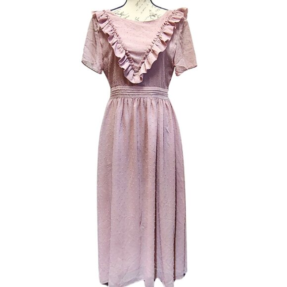 Pink Maxi Dress Medium Ruffle Backless Prairie Bridesmaid Vintage Style 70s 80s - Picture 1 of 9
